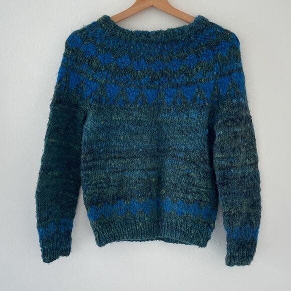 Vtg 80's Handknit Aquamarine Spaceknit Chunky Pullover Sweater Cozy Grunge - Picture 4 of 10
